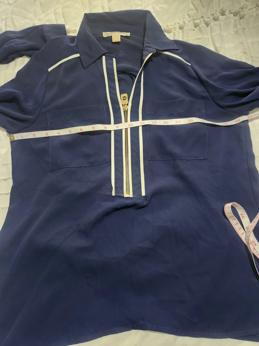 Michael Kors Navy Popover Blouse with White Trim and Gold Zip